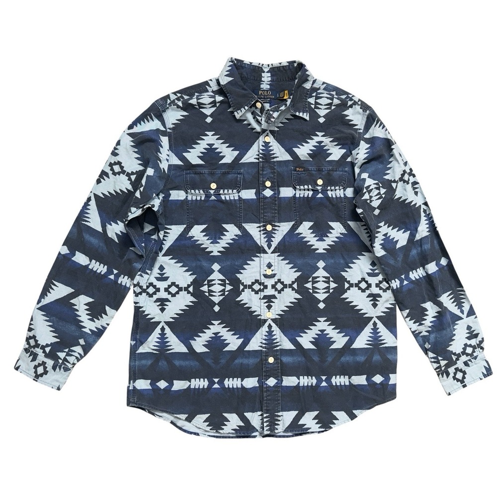 Polo Ralph Lauren Classic Fit Southwestern Aztec Tribal Button Blue Shirt Sz L
